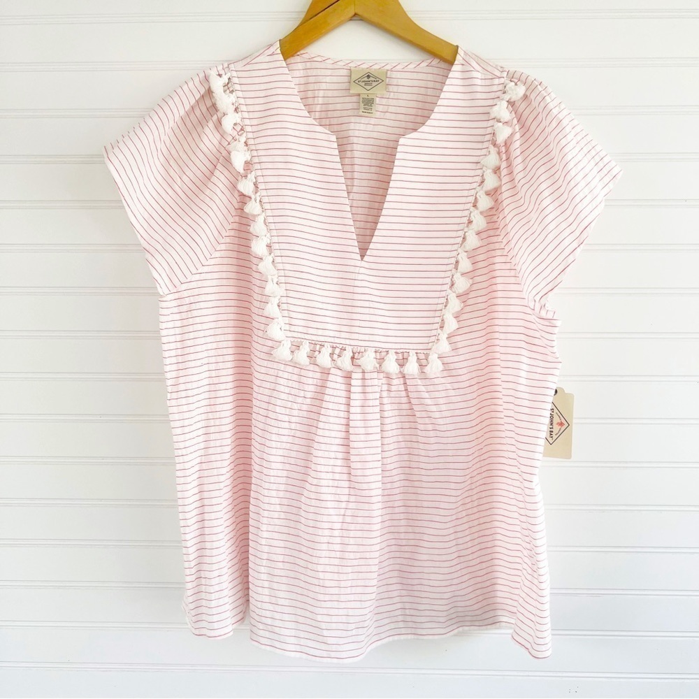 Nautical striped Pom Pom blouse Size Large NEW
